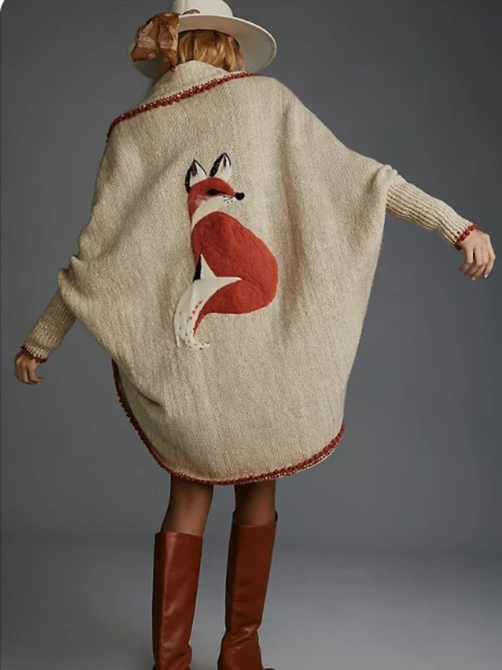 Anthropologie Cream Cardigan with Red Fox Motif